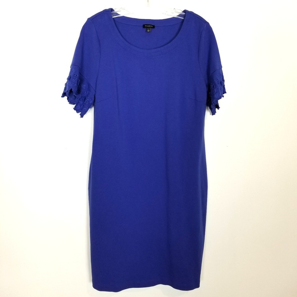 Talbots Women's Shift Dress Sz L Blue Short Sleeve Laser‎ Cut Sleeves